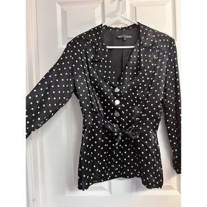 Vintage Betsy Johnson satin Polka Dot top blazer Tie Front Pleated size L